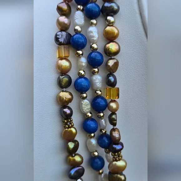 Blue Gemstone White Rice Pearl Gold Purple Peaco Pearl Beaded Necklace Bundle - Picture 11 of 16